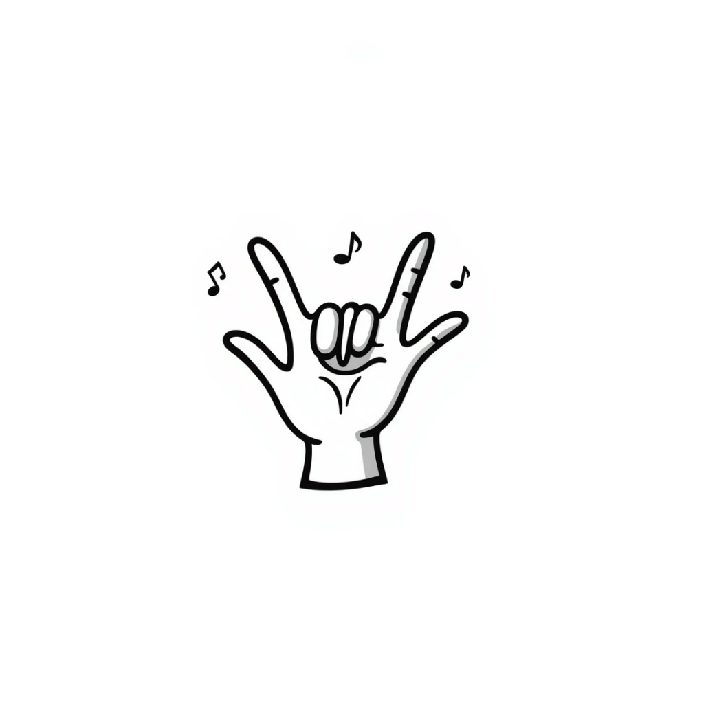 symmetrical hand making rock sign with musical details, stylized doodle style, square format, emoji style sticker