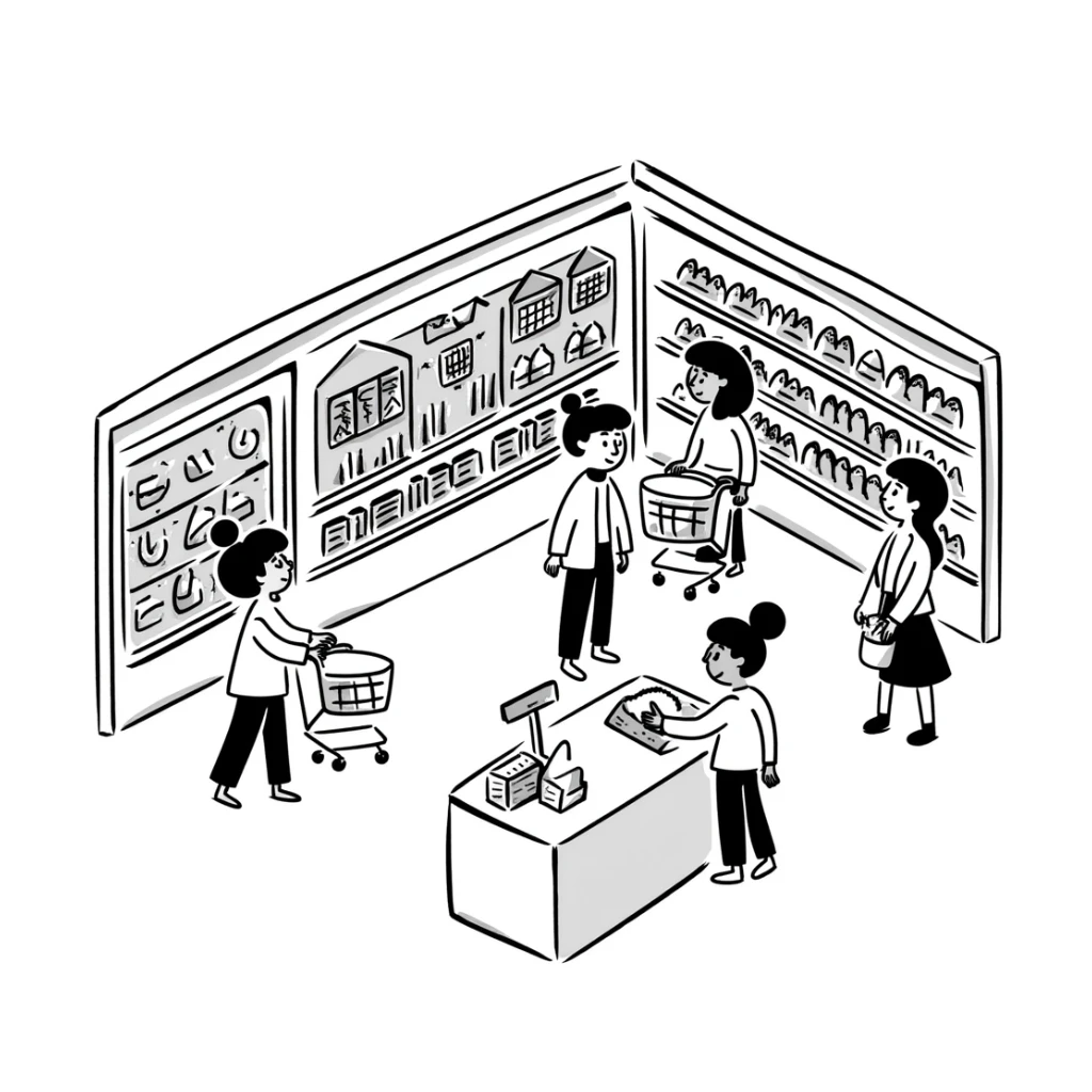 Isometric view of a supermarket interior with grocery aisles, shoppers, and cash registers sticker
