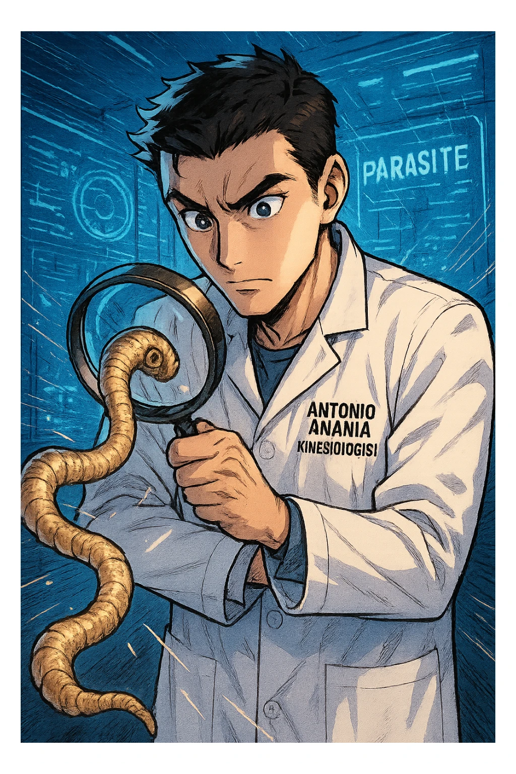 A dynamic manga/webtoon-style illustration of a young male kinesiologist wearing a clean white lab coat, analyzing light beige worms like a tapeworm under a magnifying glass. His expression is focused and slightly intrigued, with sharp, detailed eyes. The art style is vibrant, with bold linework, rich colors, and dramatic lighting. The background is a futuristic laboratory with glowing holographic screens displaying parasite data. The tapeworm is intricately drawn, slimy and segmented, with a slightly exaggerated yet realistic texture. The composition is dynamic, with motion lines or energy effects to emphasize his scientific investigation. The atmosphere is intense but not dark, keeping a balance between scientific seriousness and stylish manga aesthetics, he has "ANTONIO ANANIA" WRITTEN ON WHITE LAB COAT sticker