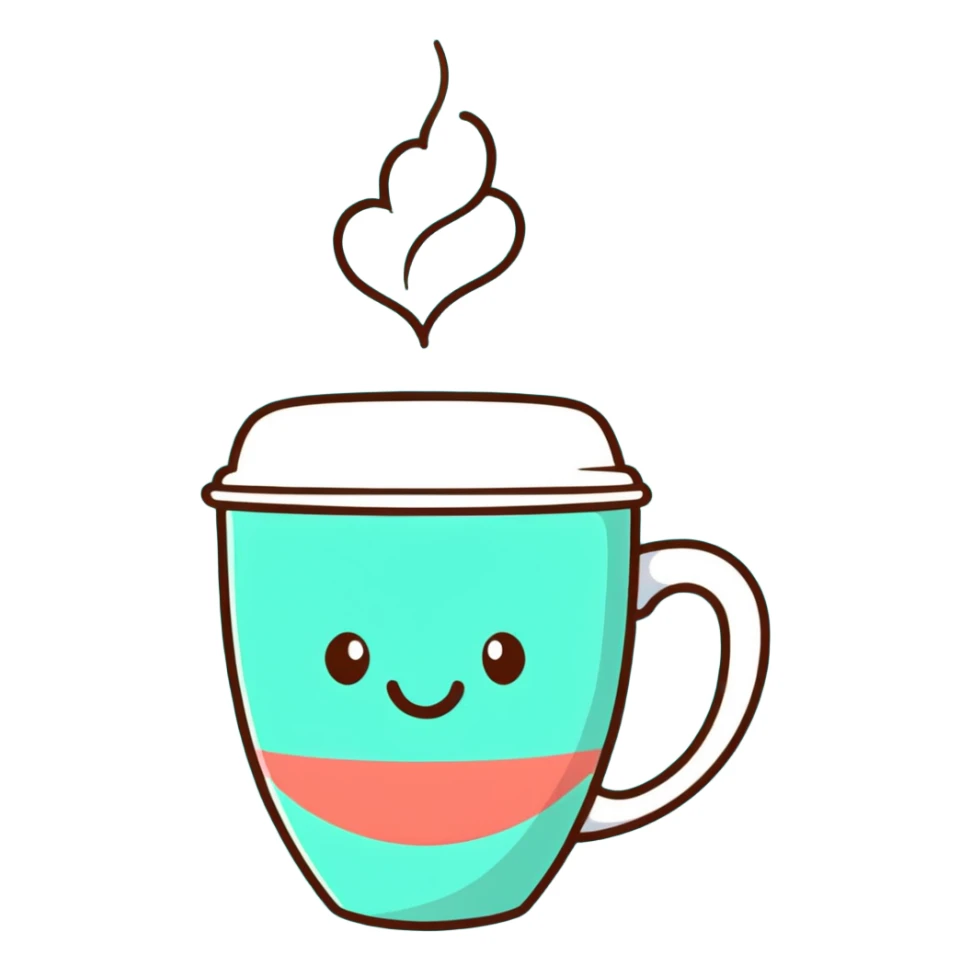 smiling hot coffee cup with heart-shaped steam, mocha brown tones, kawaii soft hand-drawn sticker