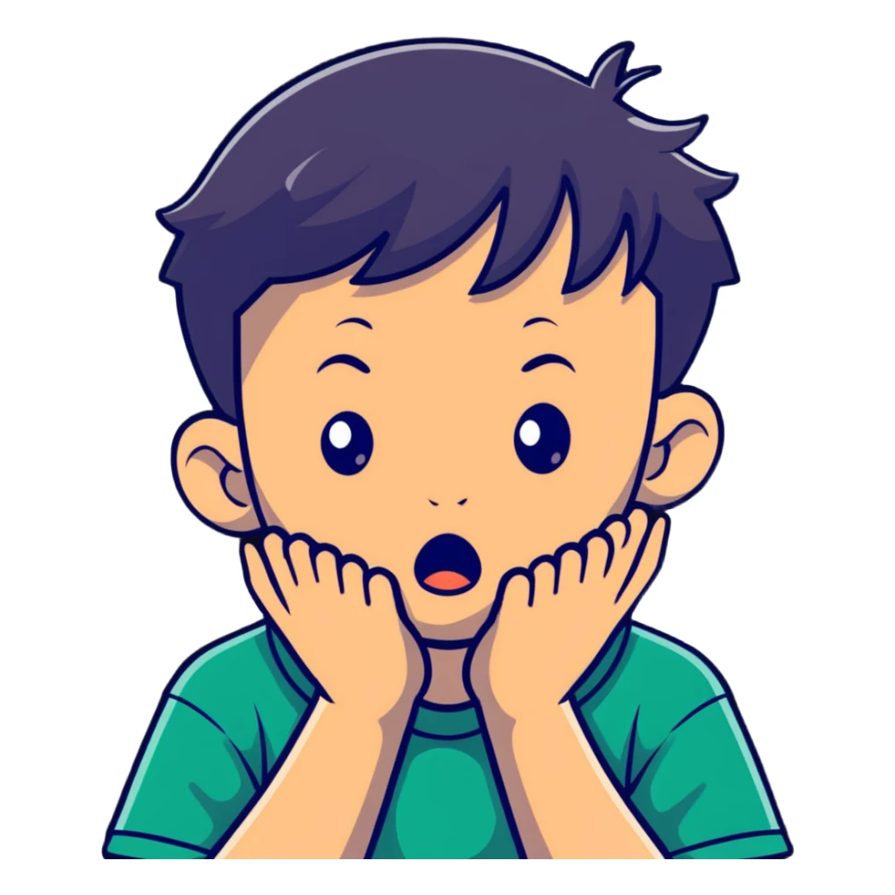 A young boy with both hands pressing on his cheeks, looking amazed or shocked sticker