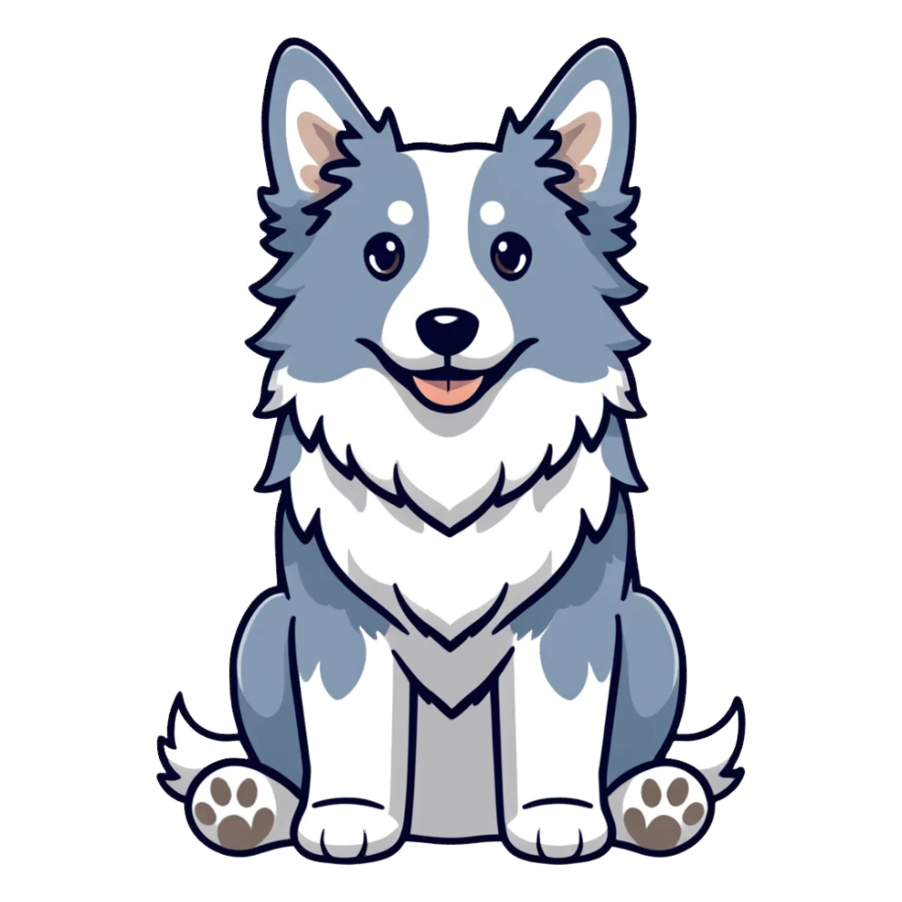 A merle border collie dog sitting, with blue and gray spotted coat, alert ears, and friendly expression sticker