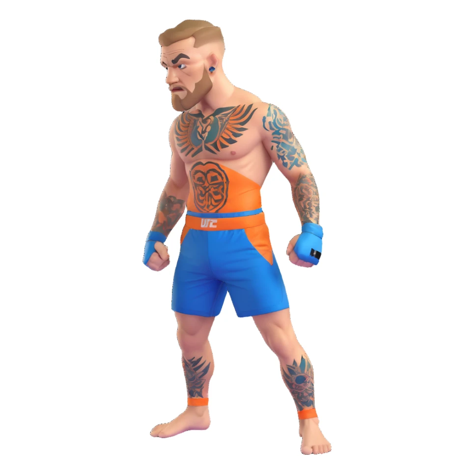 Conor McGregor in fighting stance with blue UFC shorts and detailed tattoos sticker