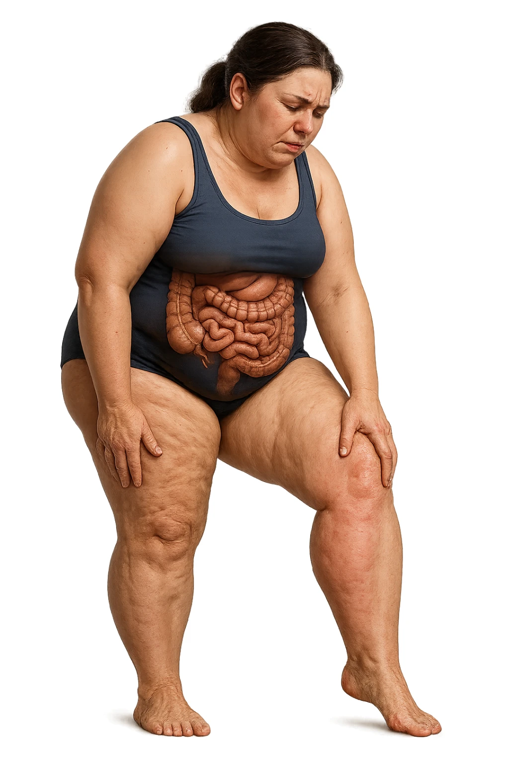 DONNA REALISTICA A FIGURA INTERA CON CELLULITE E GAMBE PESANTI E DOLORANTI, INTESTINO ANATOMICO IN EVIDENZA, CELLULITE VISIBILE, SI TOCCA LA GAMBA CON ESPRESSIONE DI FASTIDIO IN VOLTO, IPERREALISTICA 4K sticker