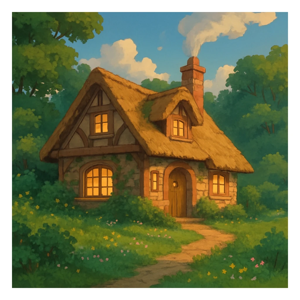 cozy cottage in a lush landscape with warm lighting in ghibli style sticker