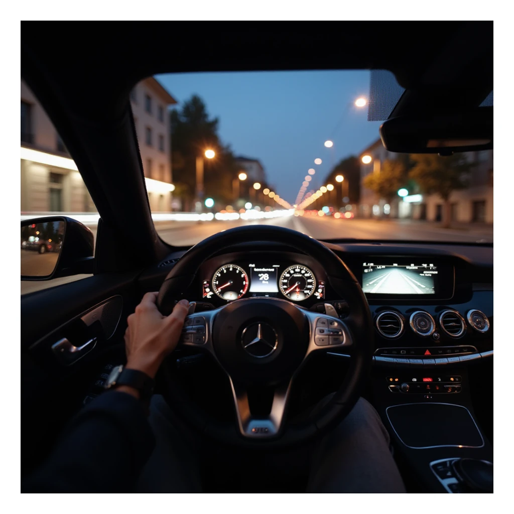 Mercedes E63 2024, realistic first-person view from behind the steering wheel, left hand on wheel, night driving in Bucharest, city lights, motion blur, photorealistic sticker