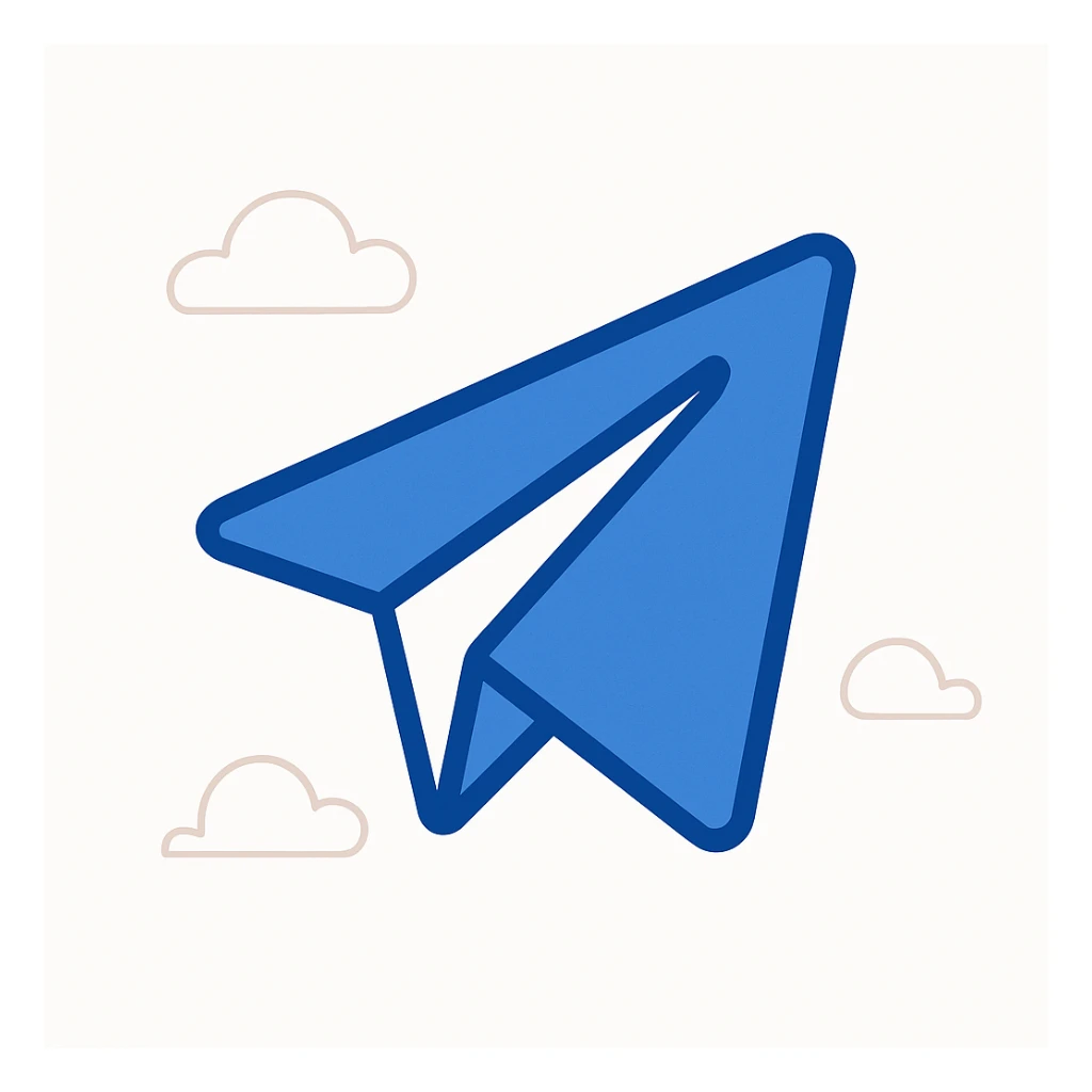 Telegram paper plane icon, minimal, flat style, blue and white color scheme, white background sticker