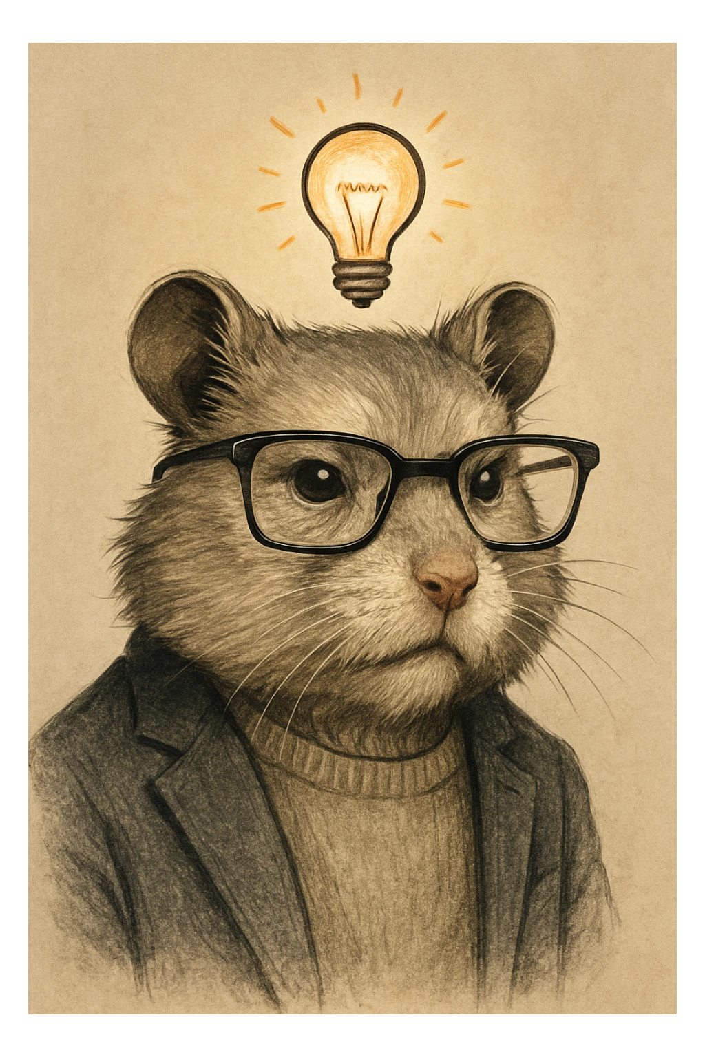 a contemporary, mature-looking hamster, inspired expression, fashionable glasses, and a lightbulb symbolizing an idea, sophisticated illustration style sticker