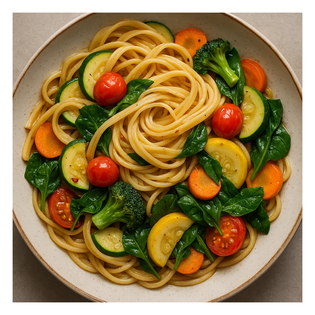 realistic style veggie pasta, detailed noodles and vegetables, top view sticker