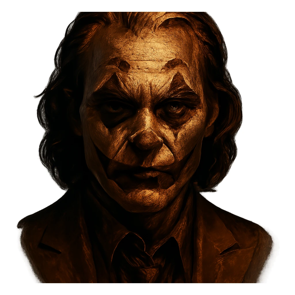 joker face, bronze palette, dramatic lighting, bold features sticker