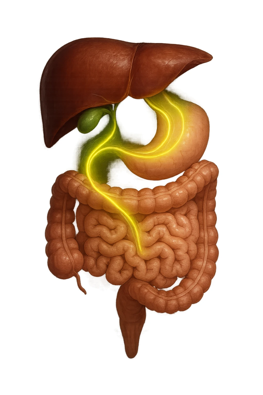 A detailed anatomical illustration-style image focusing on the human torso, highlighting the liver, gallbladder (cistifellea), and intestines. The organs are shown with realistic textures and colors: the liver in deep reddish-brown, the gallbladder as a small greenish sac tucked under the liver, and the intestines in soft pinkish hues. Connecting these organs are glowing, semi-transparent lines or light trails in vibrant colors (e.g., bright yellow or green) that visually trace the functional and physiological links between them. The lines flow smoothly from the liver to the gallbladder and then down to the intestines, symbolizing bile flow and digestive processes. The background is a subtle dark gradient that enhances the brightness and clarity of the lines and organs. The style is a blend of medical illustration and modern digital art, clear, precise, and visually engaging sticker