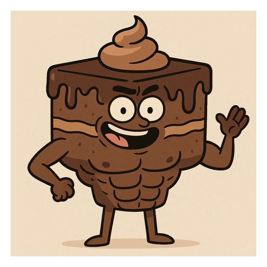 playful and humorous chocolate cake with defined abs, stylized as a character, simple background sticker