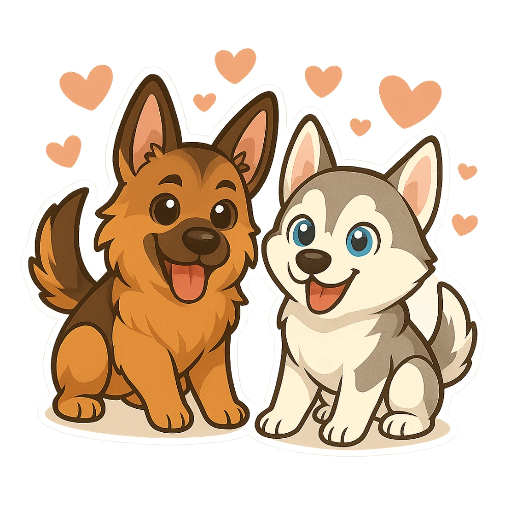 Keep the chibi German Shepherd and Husky dogs with hearts as in the reference image, but make the background translucent (transparent). sticker