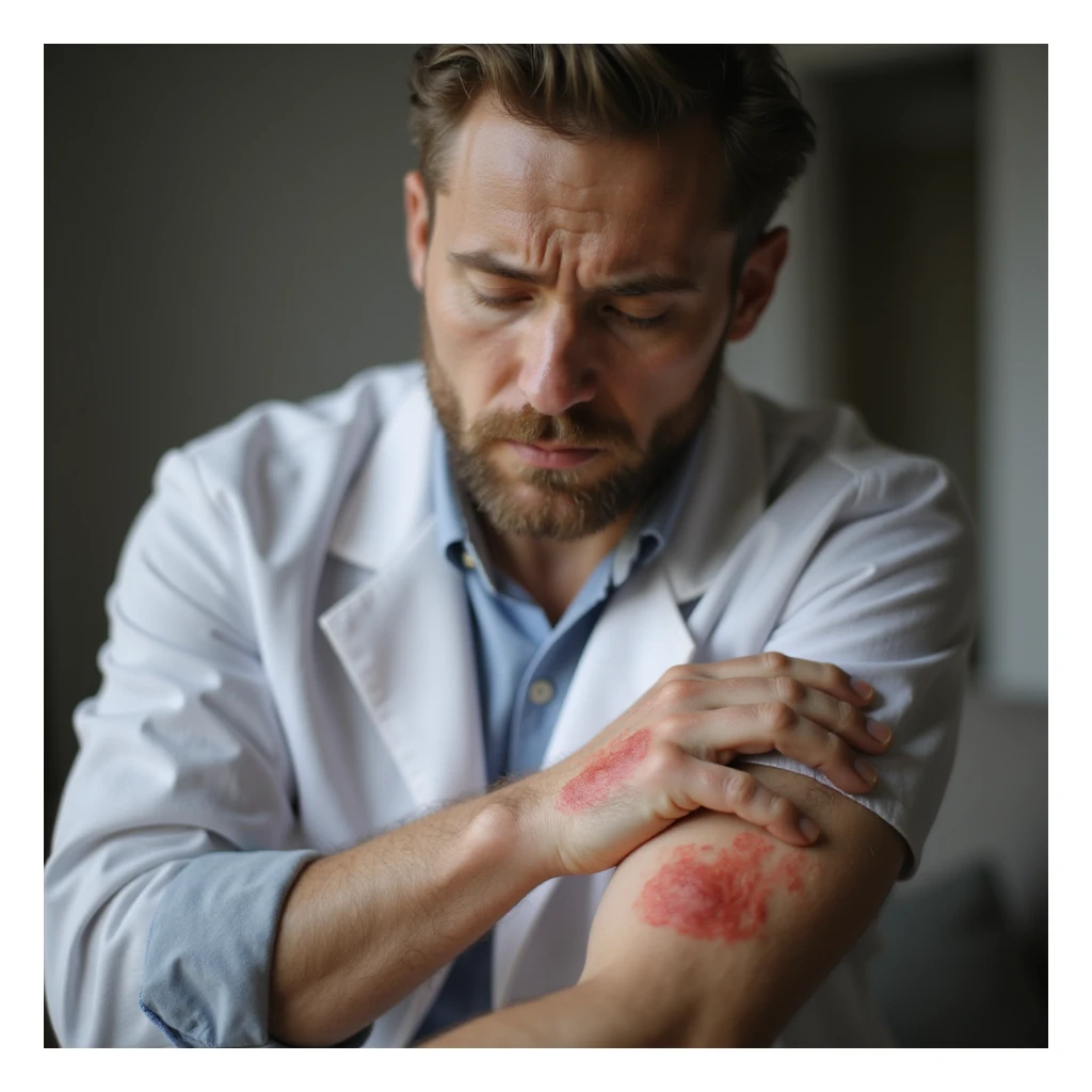 realistic man with red, inflamed rash on arm, gently touching it with concern, soft lighting, neutral home or clinical background, medical realism, dermatology focus, 4K sticker