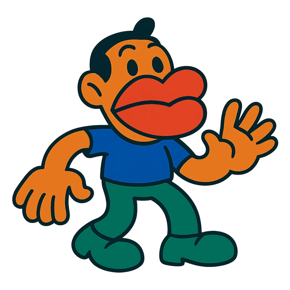 human with exaggerated big lips, hands, and feet in vibrant toon style sticker