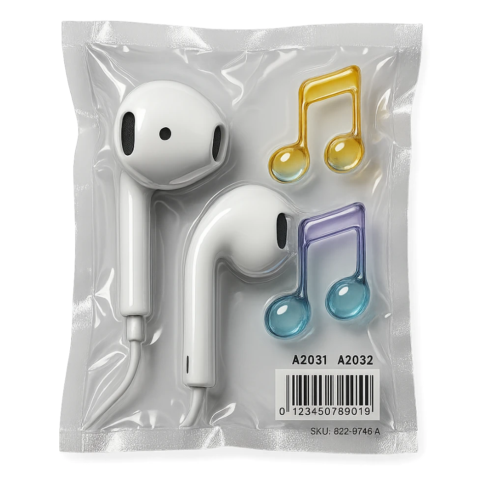 pair of white EarPods with three floating glass music notes in soft gradient colors, glossy and inflated sticker