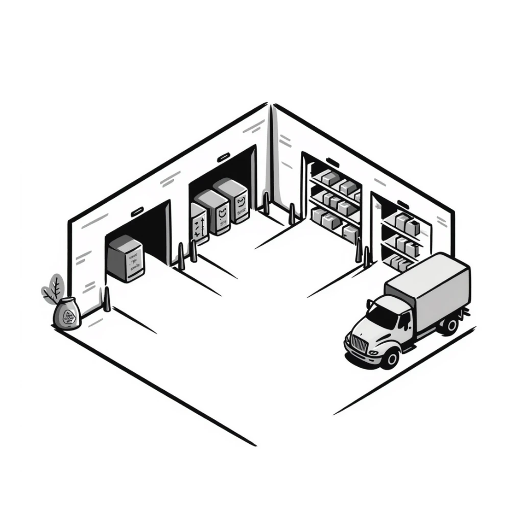 isometric view of an industrial warehouse with loading bay doors, a few parked trucks, and storage shelves visible through open doors sticker