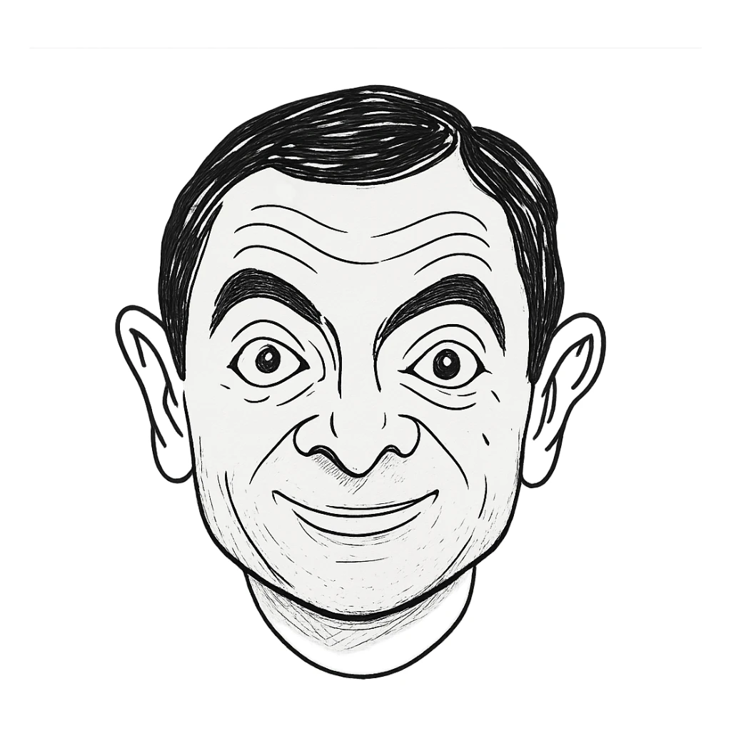 realistic icon of Mr. Bean's face, hand-drawn look, black and white sticker