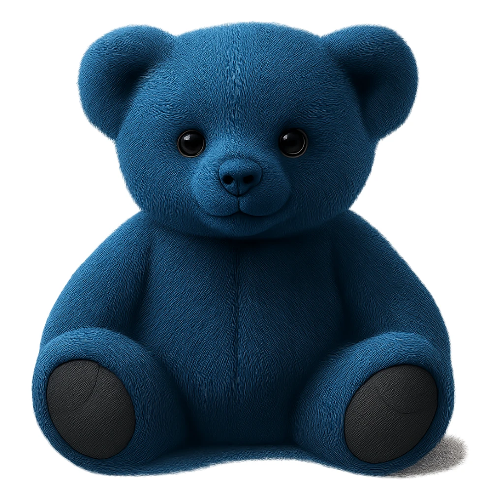 Change the teddy bear's fur to a realistic blue color, keep soft lighting and transparent background. The style should maintain a realistic and soft lighting look. sticker