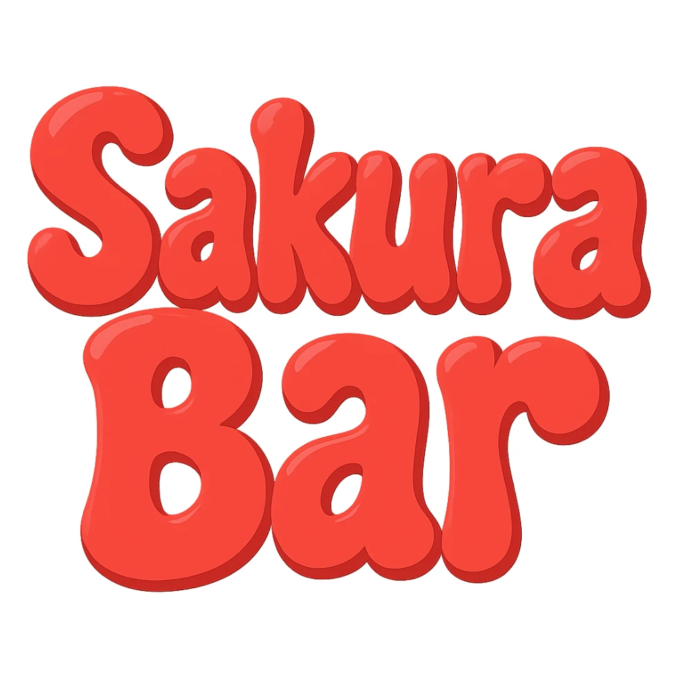 Make the word 'Sakura' larger than 'Bar' in the same extra puffy, red bubble letter style, whimsical and lighthearted, with a transparent background. Maintain the extra puffy, red bubble letter style with a whimsical and lighthearted feel. sticker