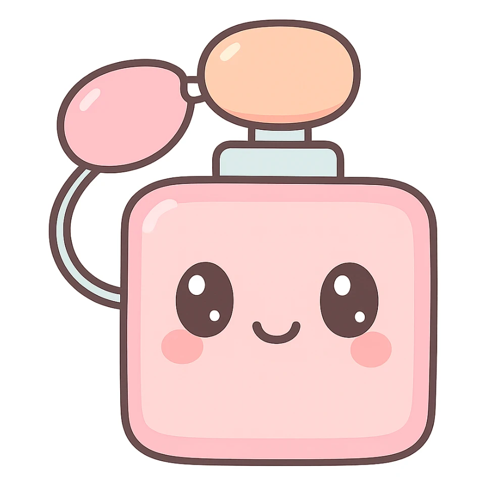 perfume bottle, playful and cute, kawaii style, smiling face, bright colors sticker
