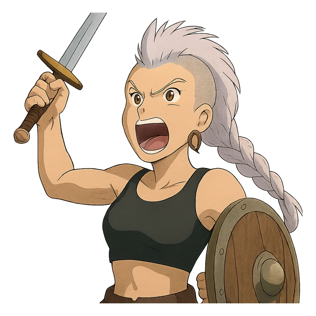A sword maiden, mohawk, long braid white hair with lavender and tips long messy bangs one side, gold yellow eyes, black crop top, brandishing an arming sword and a shield, roaring! rah! sticker