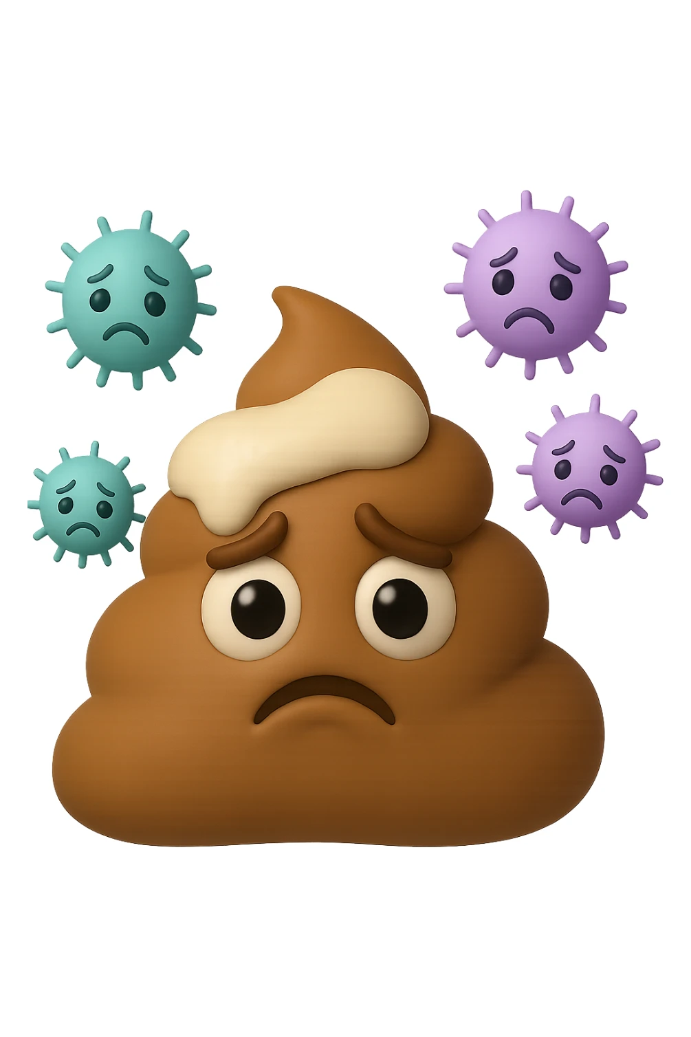 emoji stile iphone 3d di una cacca con muco bianco sopra, dietro cui fluttuano batteri intestinali tristi, iperrealistiche 4k sticker