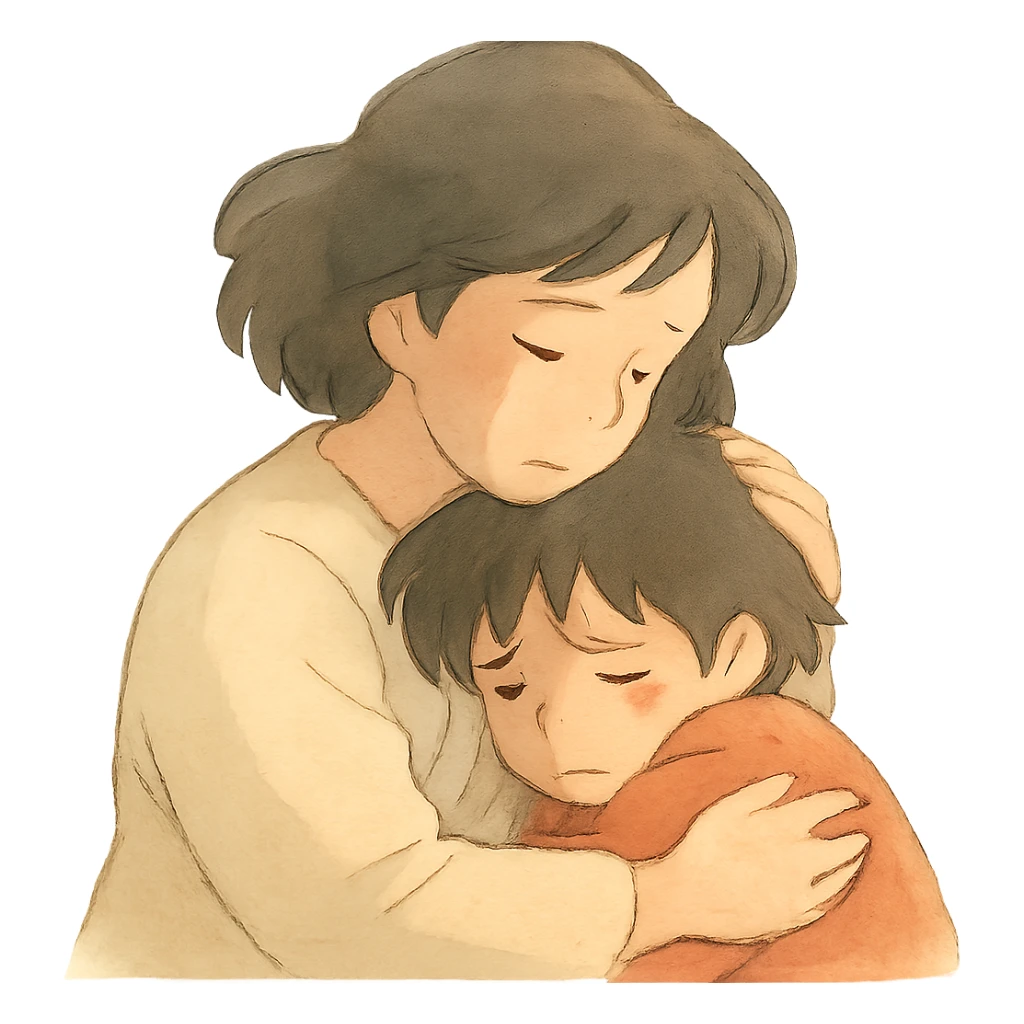 mother hugging a sad child, soft colors, emotional scene sticker