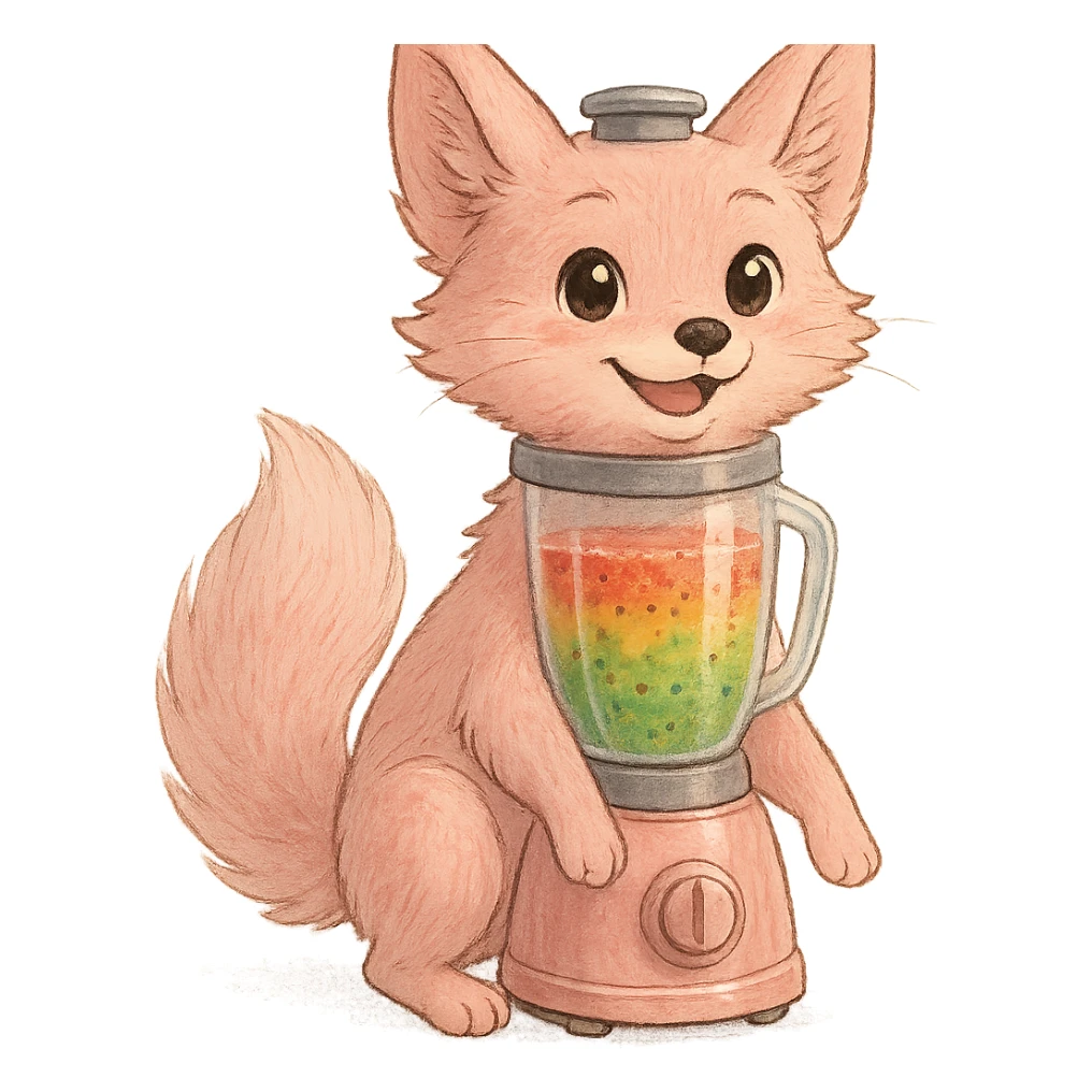 premium full-body ghibli style pastel pink fox as a blender, soft fluffy fur, transparent body showing colorful realistic smoothie inside, big sparkling eyes, gentle happy face, joyful pose, highly detailed sticker