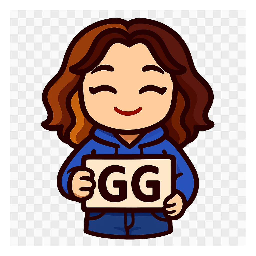 Update this chibi emote to remove the headband, sparkles, and wand. Change the outfit to a blue hoodie and jeans, holding a 'GG' sign sticker