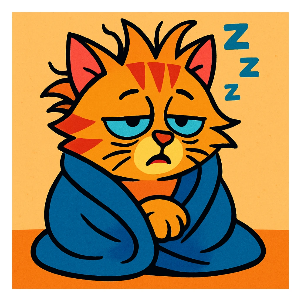 cartoon cat with bedhead, still half asleep, wrapped in a blanket, vibrant toon style sticker