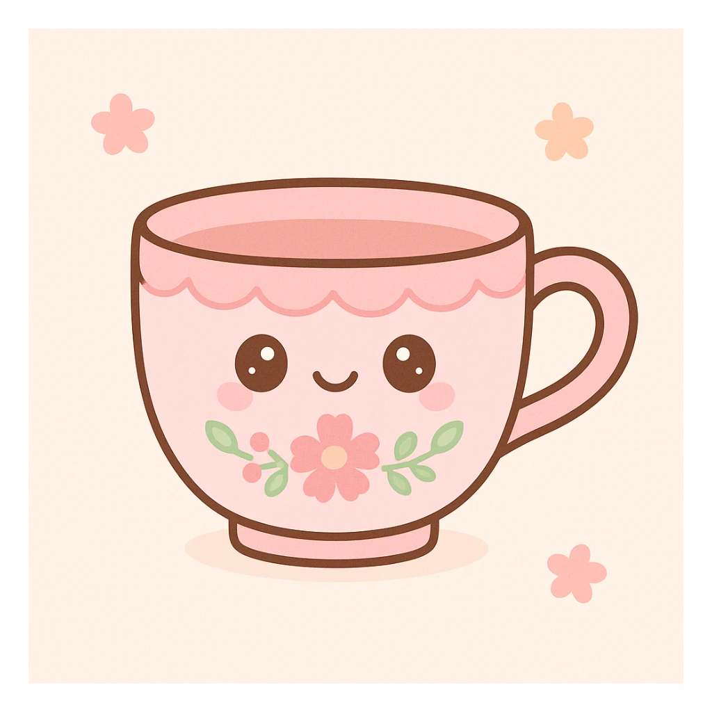 a pink teacup with floral patterns, cottagecore style, delicate and vintage look sticker