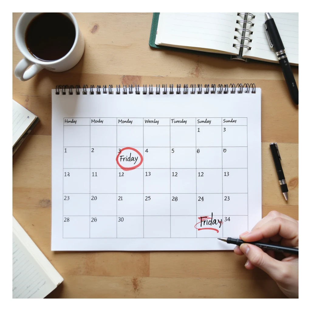 top view weekly calendar with days Monday to Sunday clearly written, Friday circled in red, hyperrealistic style, 4K details, desk or office atmosphere sticker