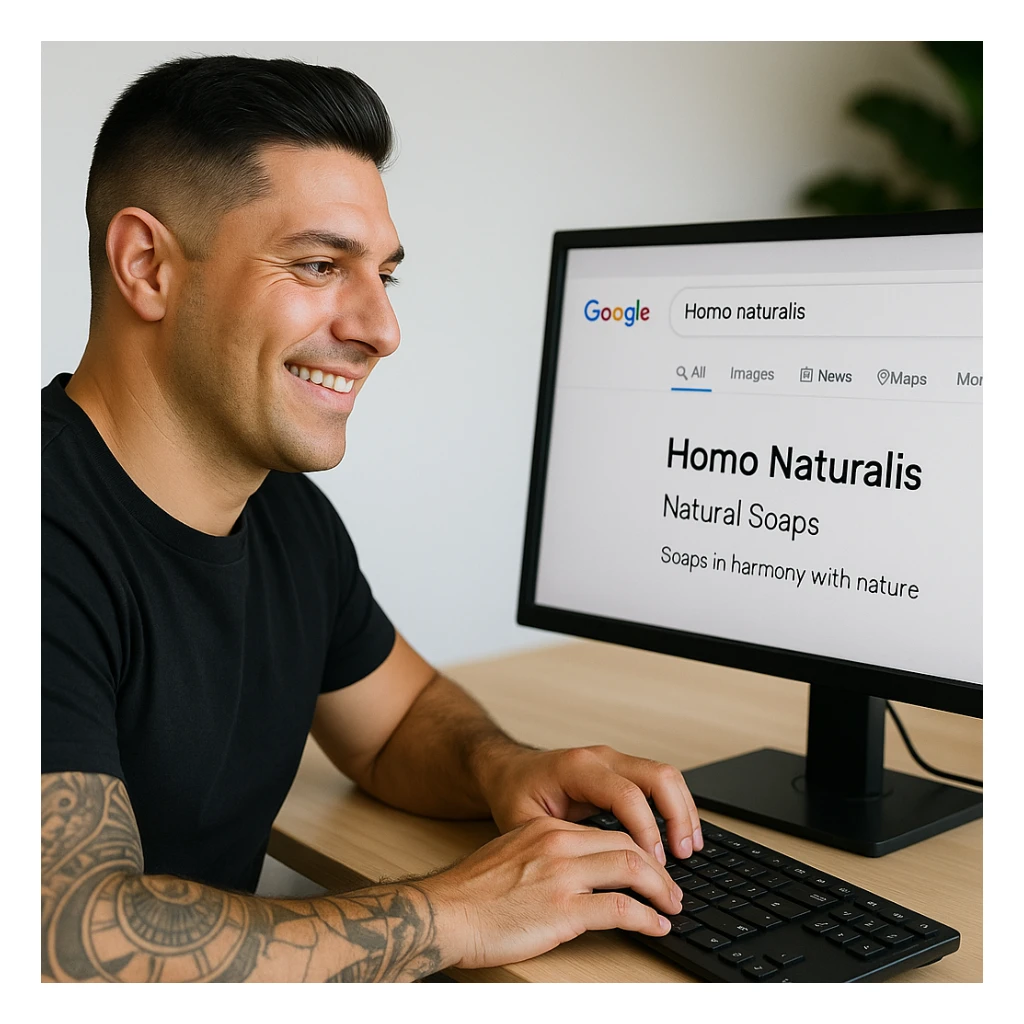 Update the image to show a man sitting at a PC, with the face and appearance matching the person in the reference photo. The man is searching on Google for 'Homo Naturalis'. On the screen, besides the search, clearly show that 'Homo Naturalis' is a brand of natural soaps, possibly with a short description or slogan. The tone should be natural and positive. sticker