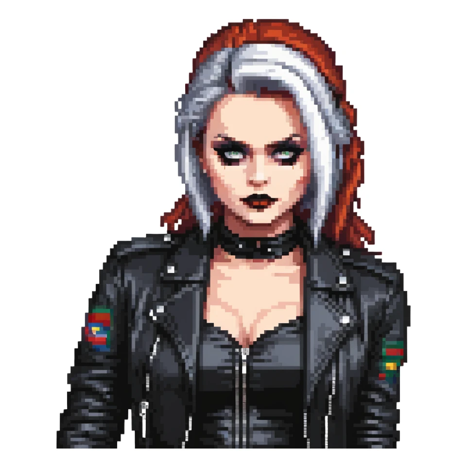 Chucky's bride wearing a black dress and black leather jacket, with dark makeup sticker