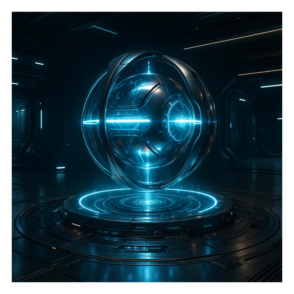 hyperdrive core for a starship, spherical reactor, floating in a containment field, sleek and modern sticker