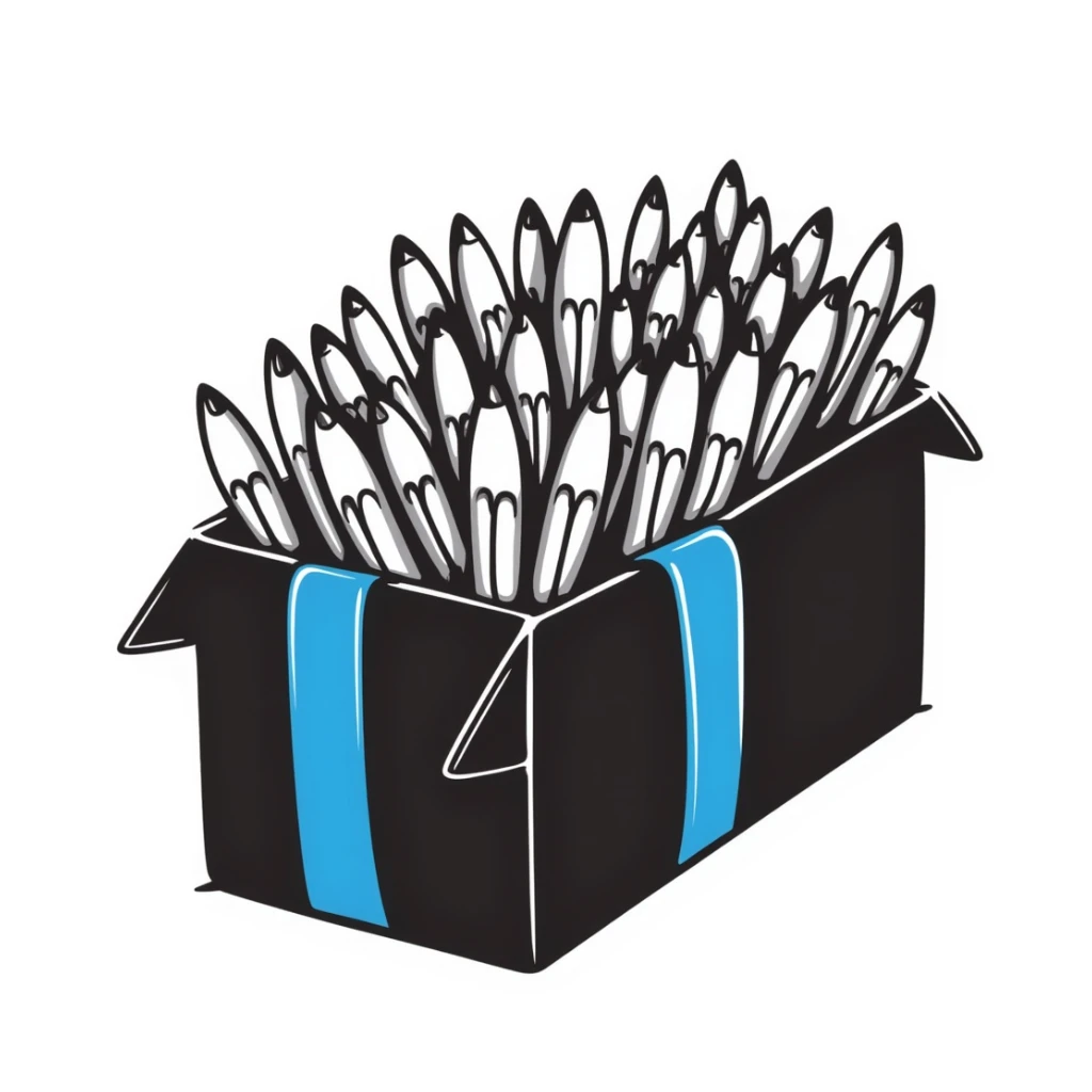 A big long military box filled with long war rockets with a blue ribbon sticker