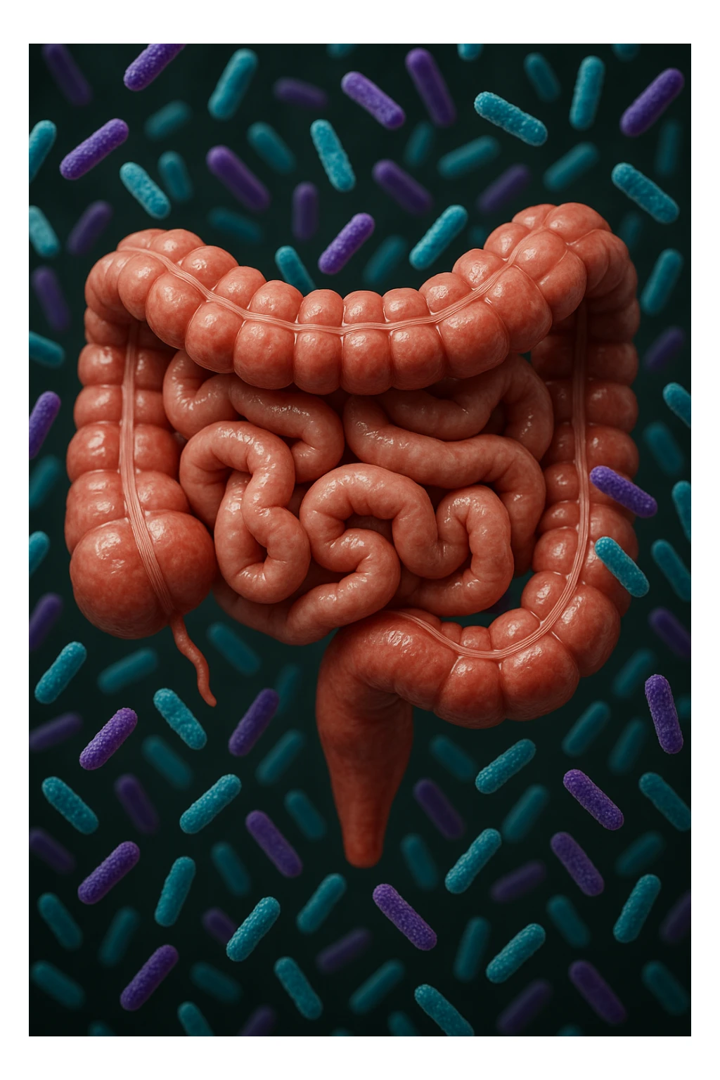 intestino umano anatomico realistico pieno di batteri intestinali viola e turchesi che gli fluttuano intorno, IPERREALISTICA 4K sticker