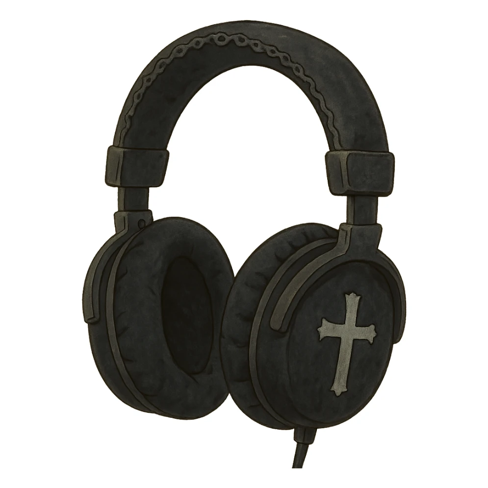 black gothic headphones with velvet texture and cross motifs sticker