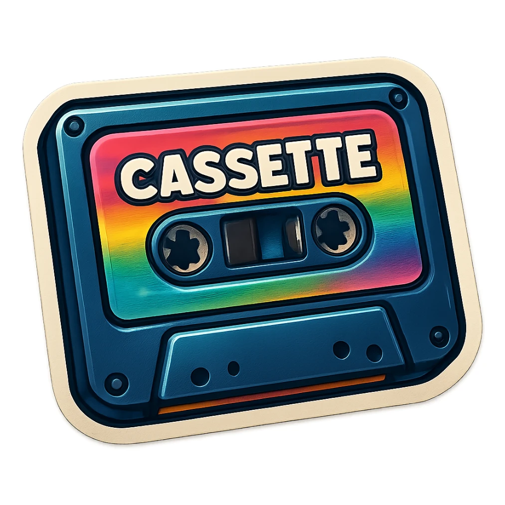 a cassette tape with colorful label, retro sticker style sticker