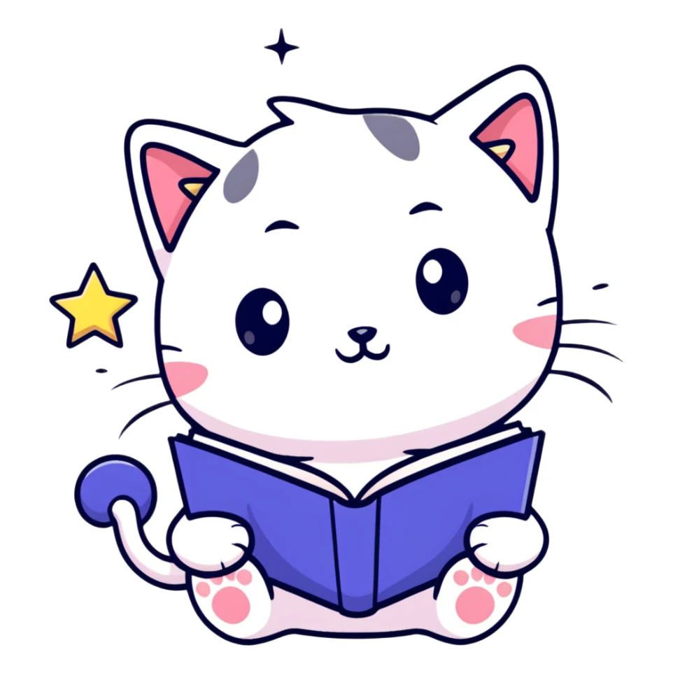 A kitten holding a book with stars in its eyes sticker