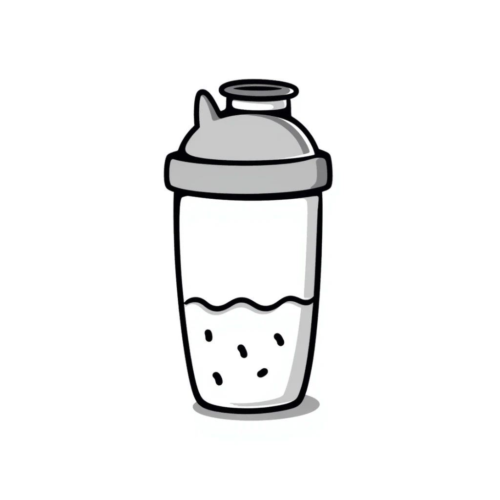 A protein shake in a shaker bottle with details in pastel colors (dd9fb0, ffc6d3, a3bfc9, c4bee2, f1b091), hand-drawn doodle style sticker