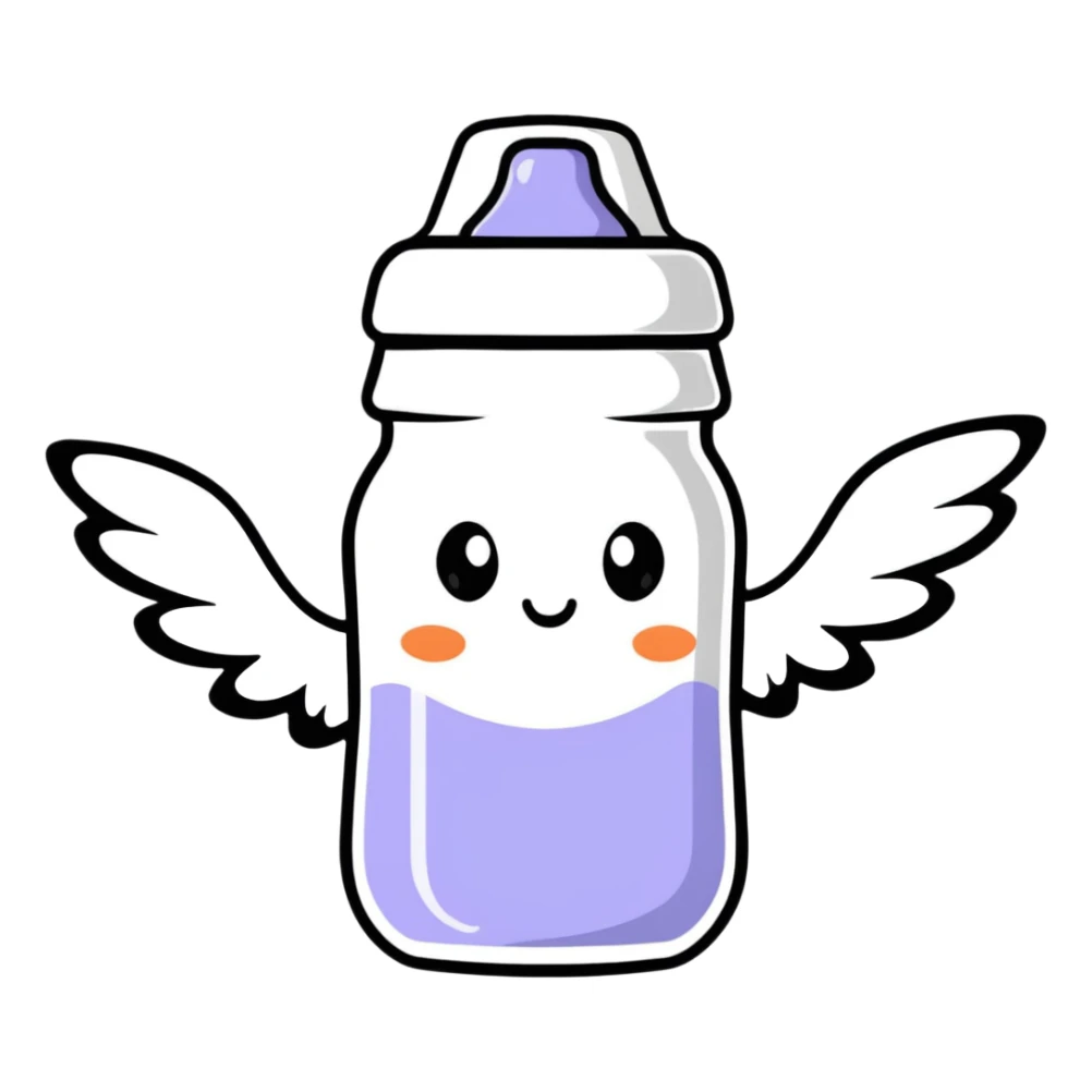 flying baby bottle with milk, wings, cartoon style sticker