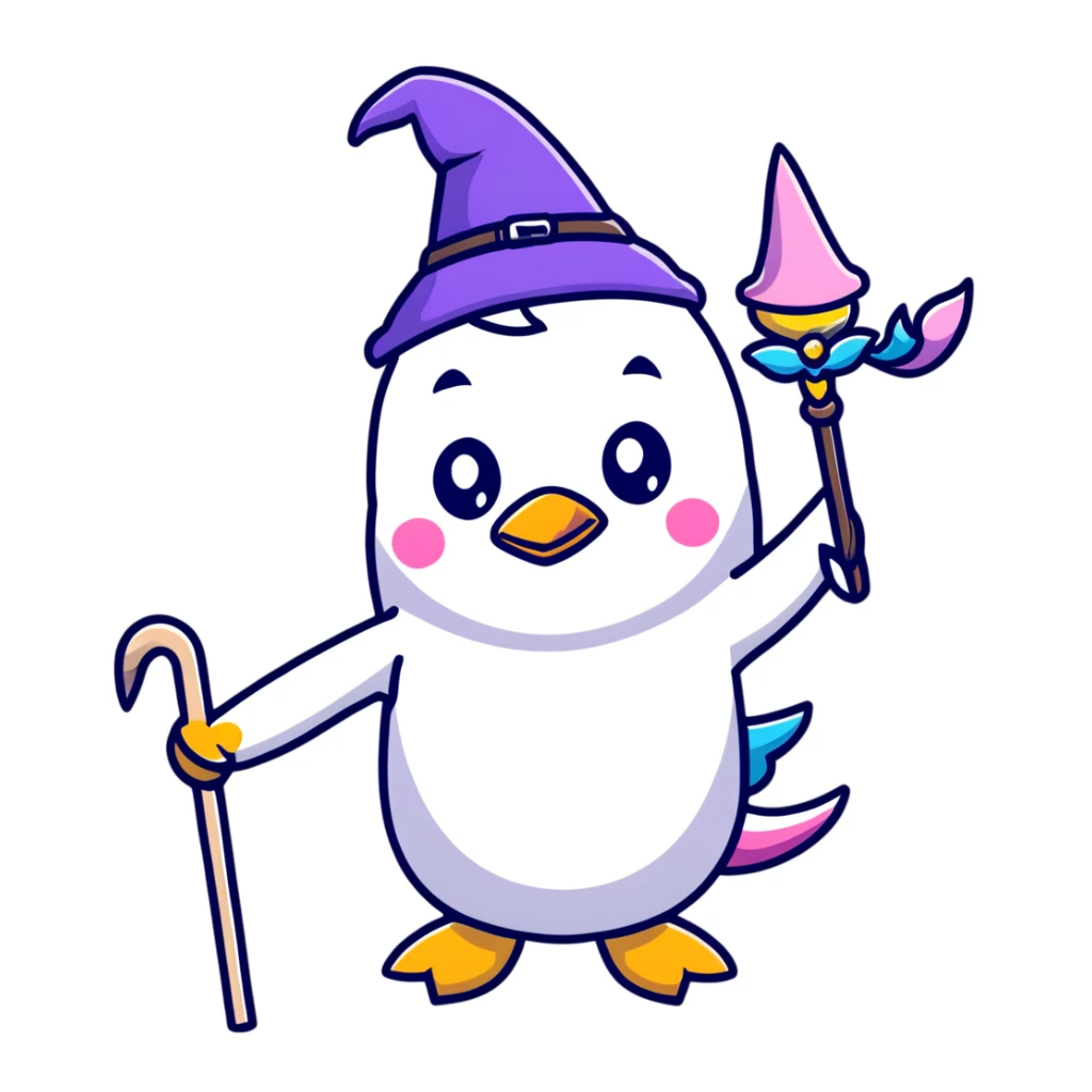 penguin wizard with a staff and hat, surrounded by a small dragon, fairy, and unicorn, colorful fantasy landscape with a castle sticker