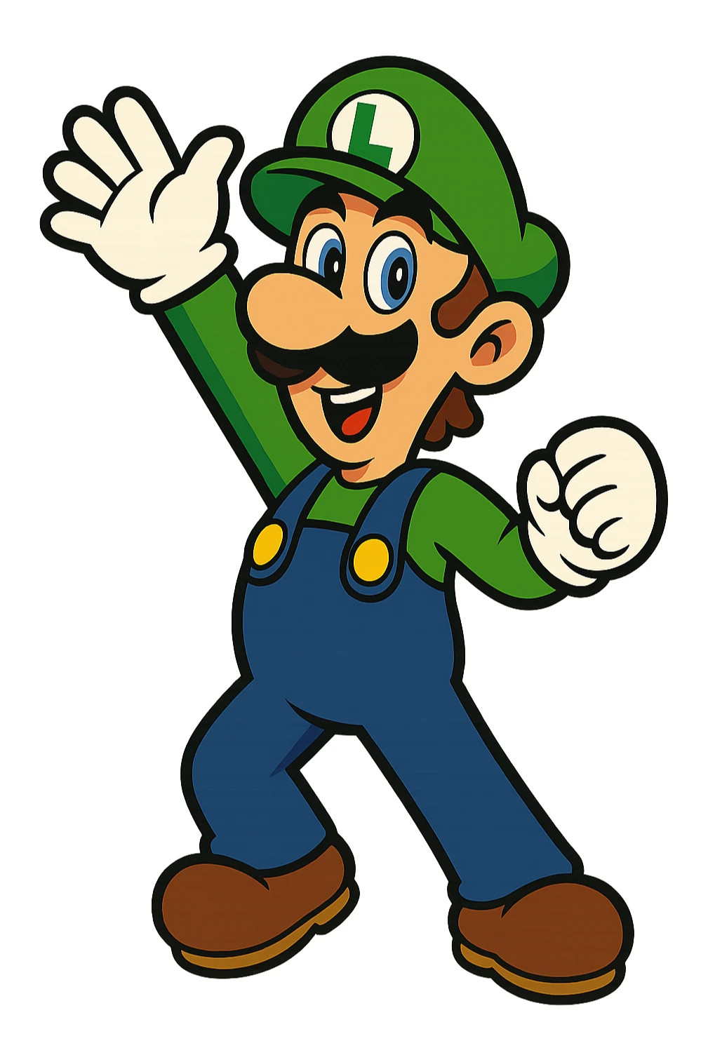 full body Luigi from Mario, classic green hat and blue overalls, cheerful pose, vibrant cartoon style sticker