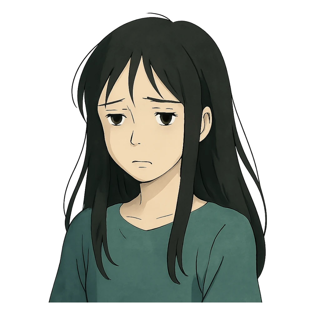pale girl with long black hair, sad expression, in ghibli style sticker