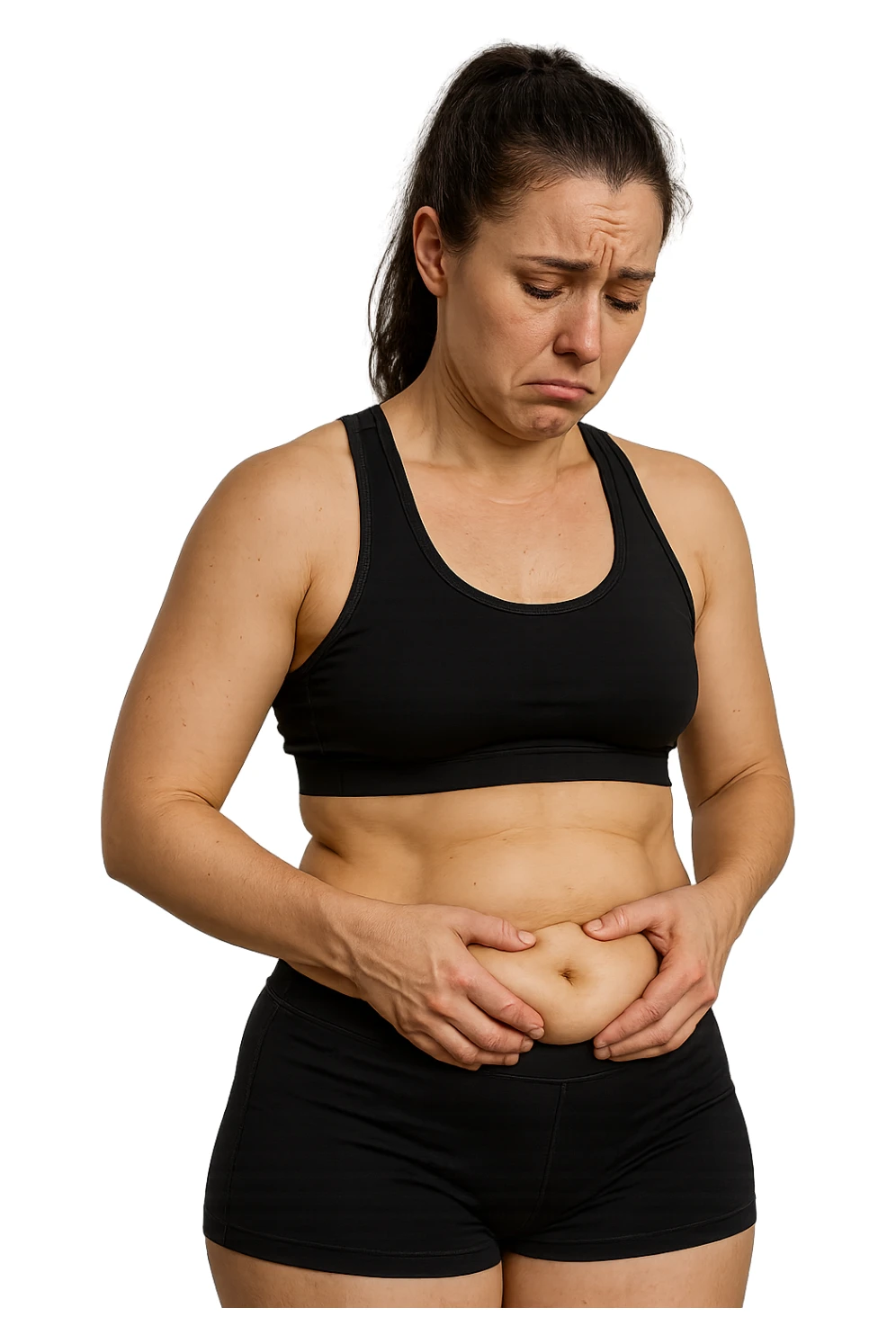 DONNA FITNESS CON GRASSO SULLA PANCIA, SI TOCCA LA PANCIA CON ESPRESSIONE TRISTE IN VOLTO, IPERREALISTICA 4K sticker