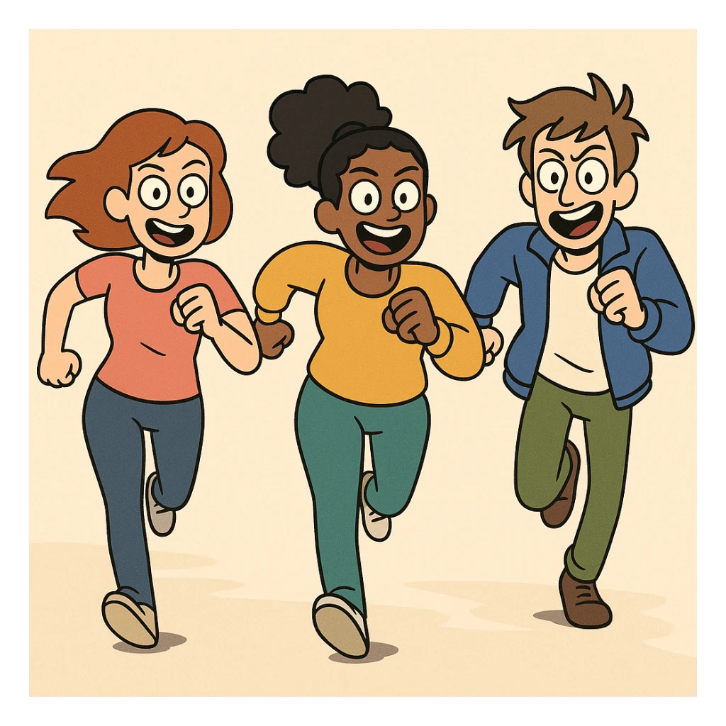 three people running head-on, energetic expressions, diverse clothing colors, simple background sticker