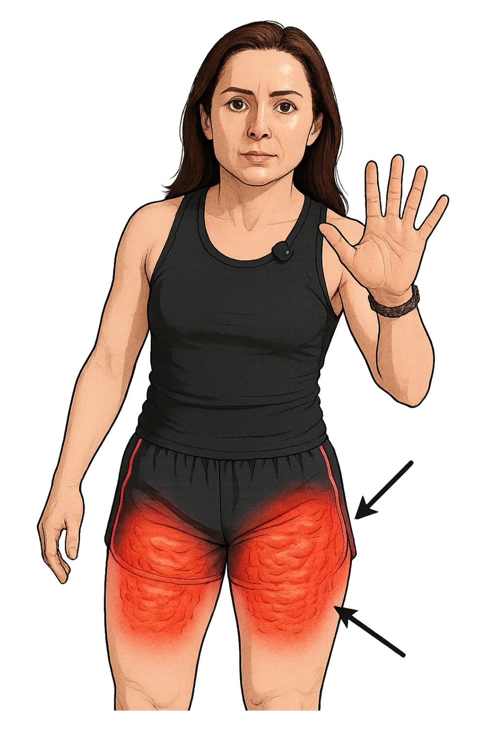 Donna con cellulite sulle cosce indica le cosce che sono infiammate di cellulite con frecce ad indicare  sticker