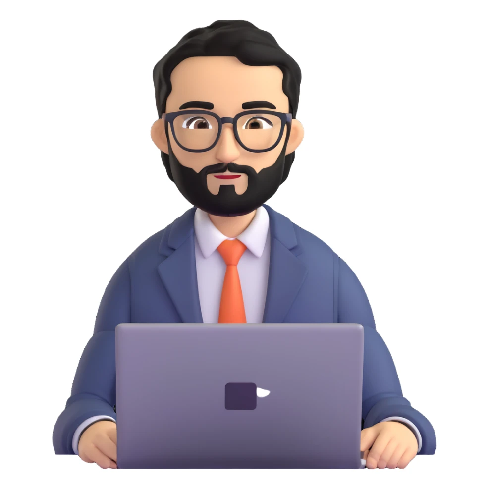 professional man with medium black beard, neat black hair, connected unibrow, olive tan skin, brown eyes, glasses, prominent nose, wearing business casual attire, typing on laptop, slightly turned to the side sticker